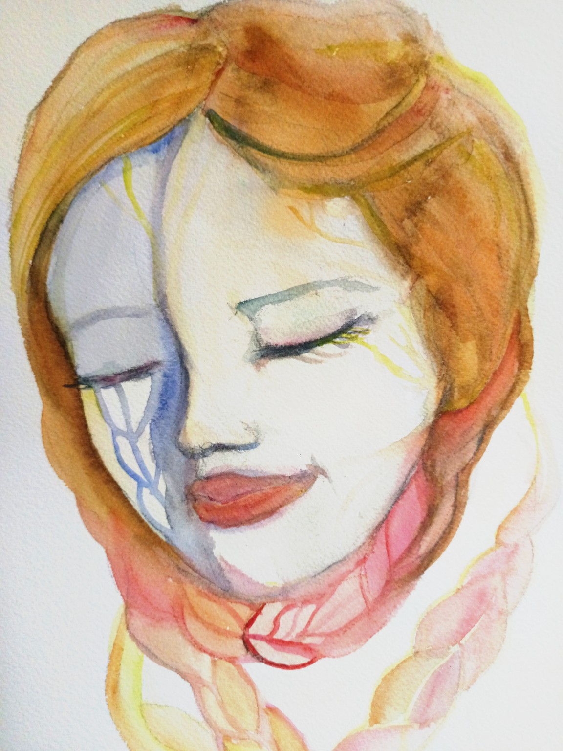 A face with closed eyes, ochre and pink hair, and blue forms across the cheek.
