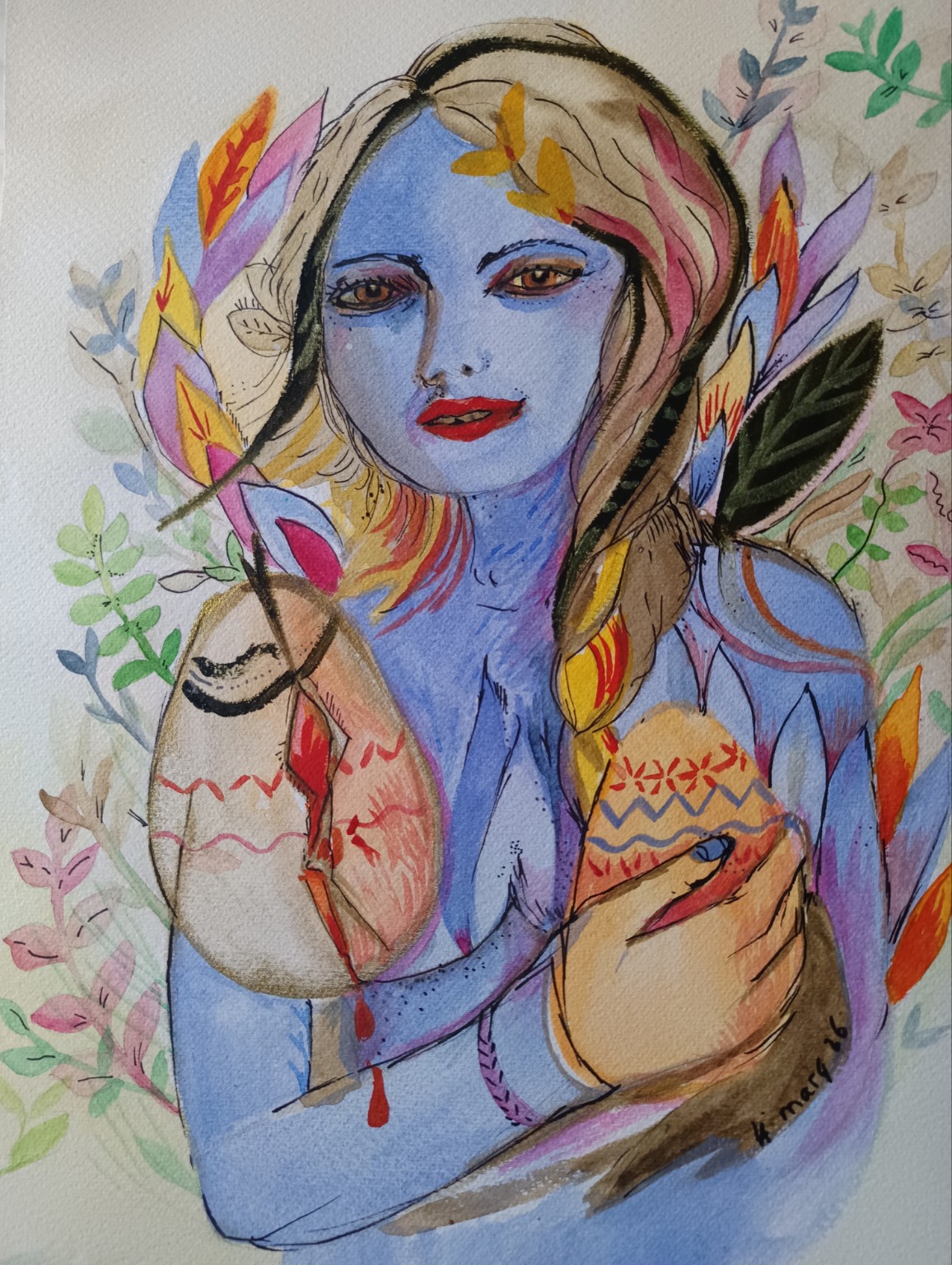 A blue female figure holding a vase, surrounded by leaves and botanical forms.