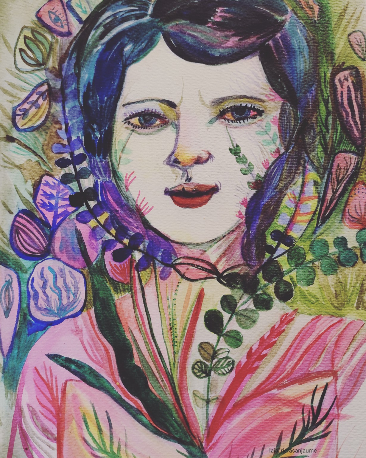 A woman’s face with blue and violet hair among plants and pink forms.