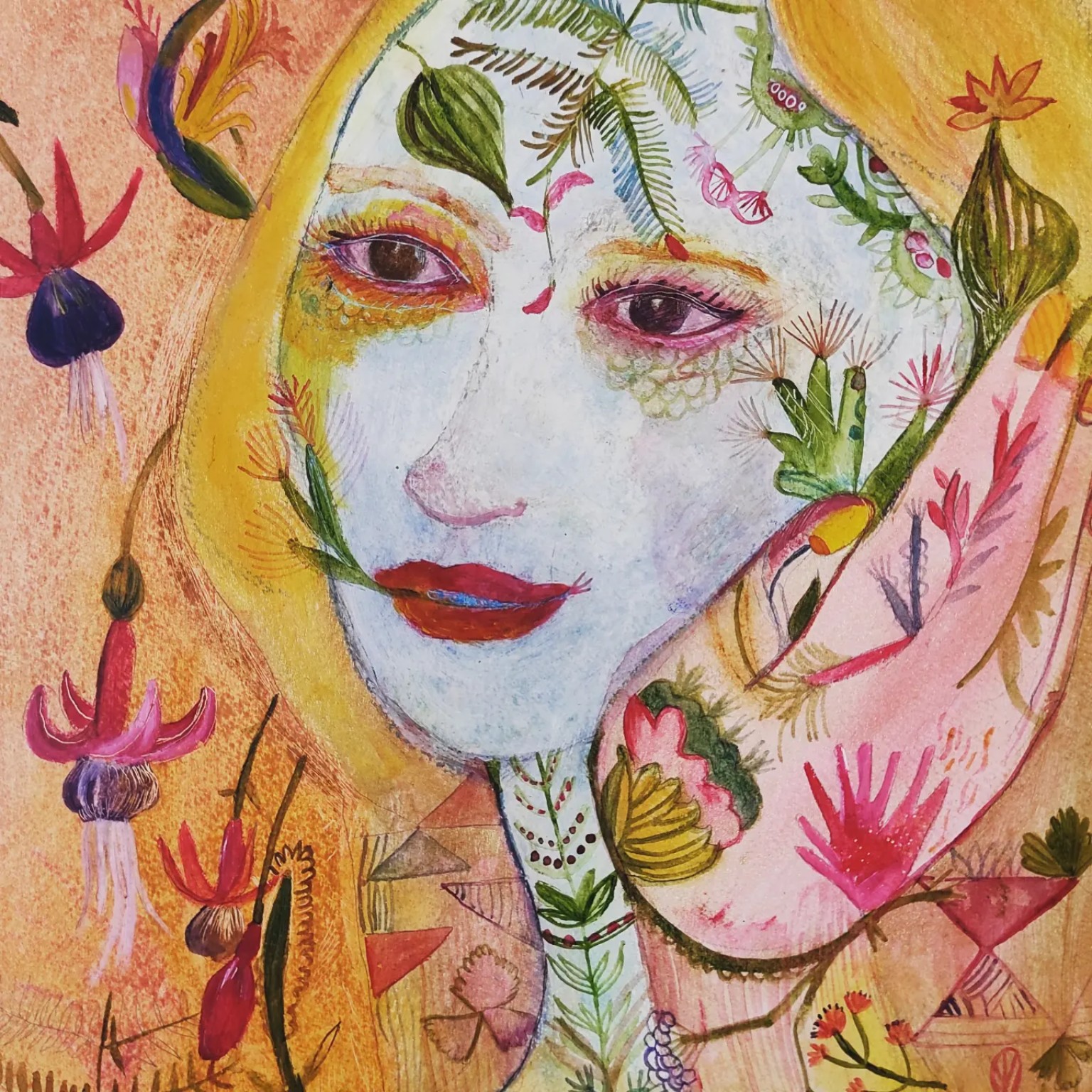 A woman’s face surrounded by flowers and plants against an orange background.