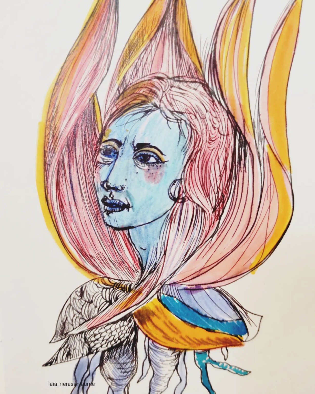 A blue face framed by large pink and yellow organic forms.