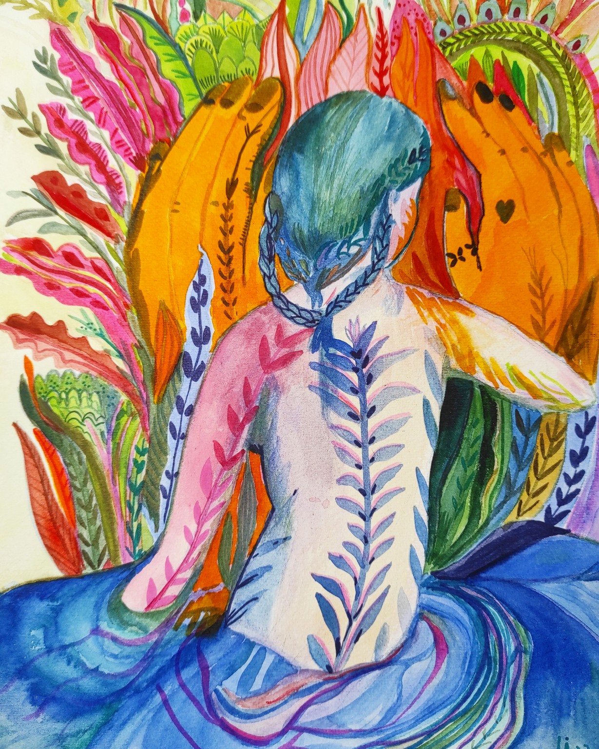 A figure seen from behind with a blue braid, between large ochre hands and foliage.