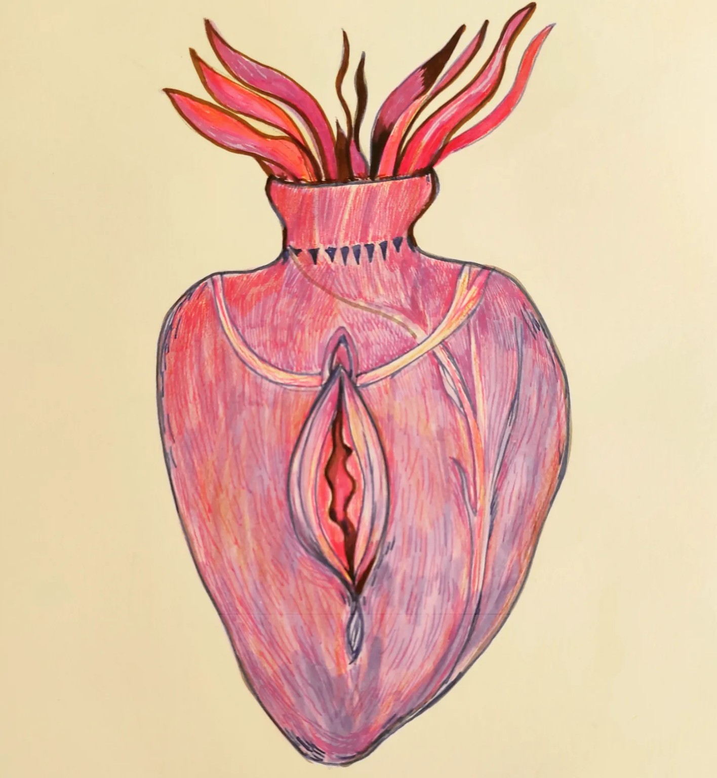 A pink organic vessel with a central opening and emerging red forms.