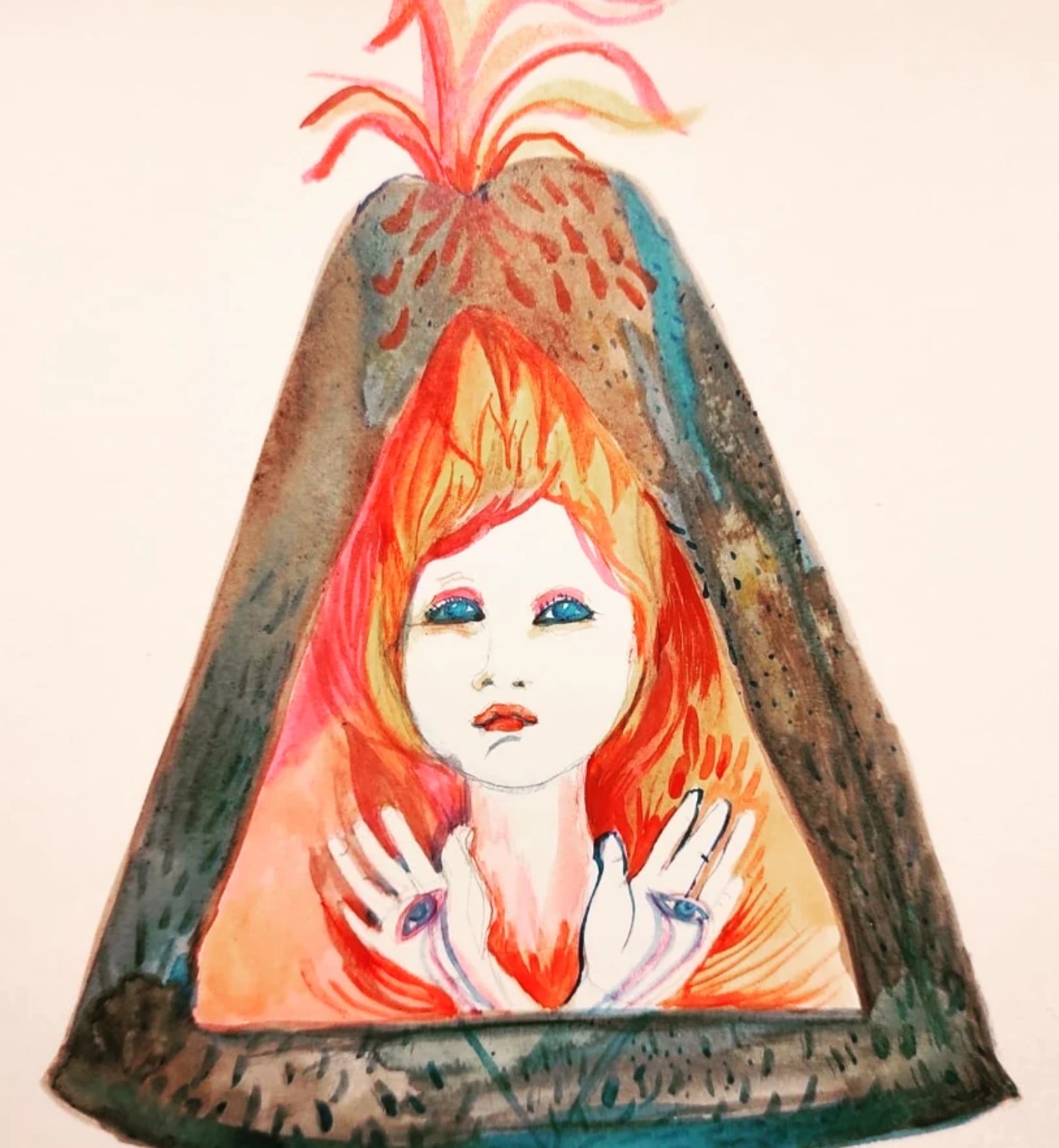 A female figure with hands and eyes inside an erupting volcano.