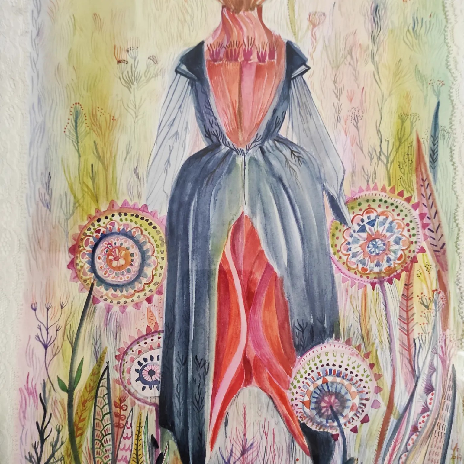 A figure in a blue coat with red forms, surrounded by circular flowers.