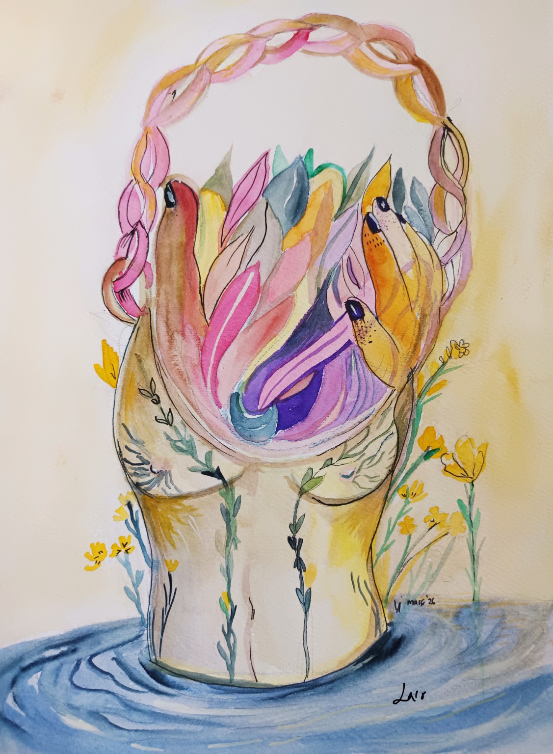 Two hands with botanical ornaments holding colourful forms inside a circle of braids.