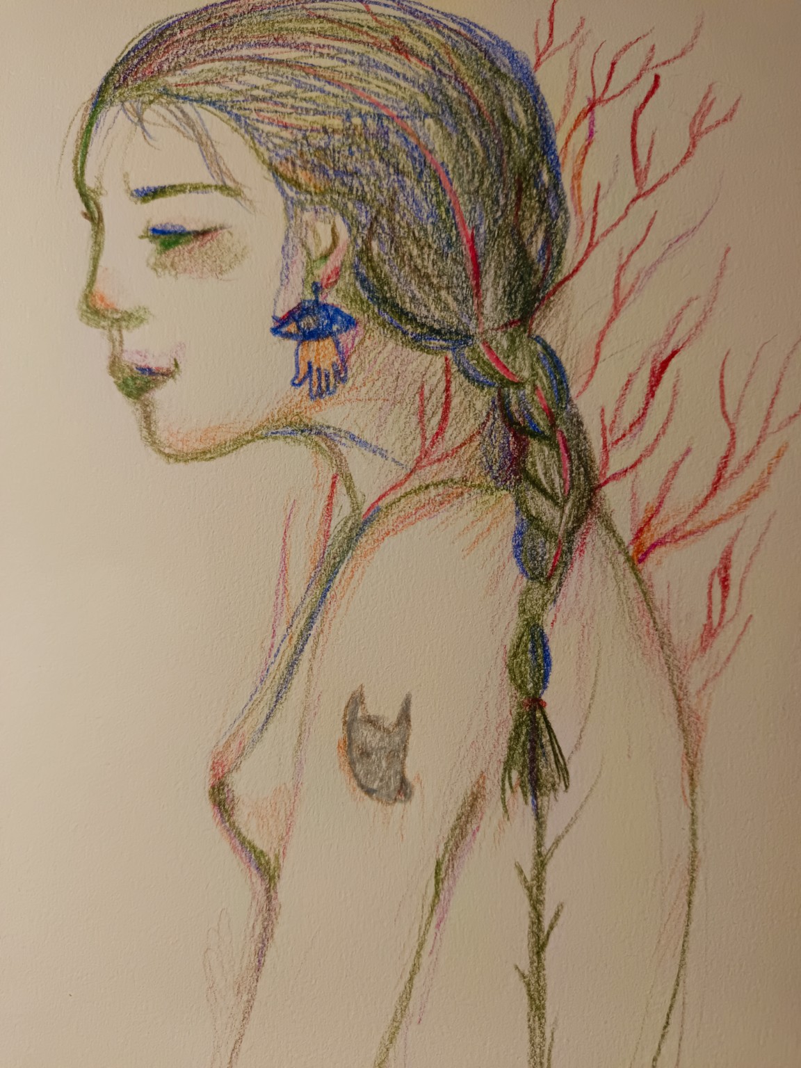 A woman in profile drawn in coloured pencil, with a braid and a hand-shaped earring.