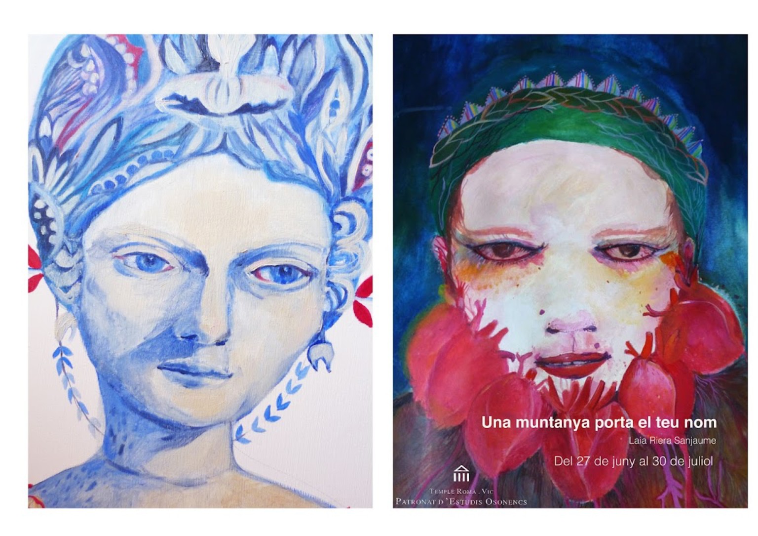 Two portraits from Una muntanya porta el teu nom with the exhibition poster.