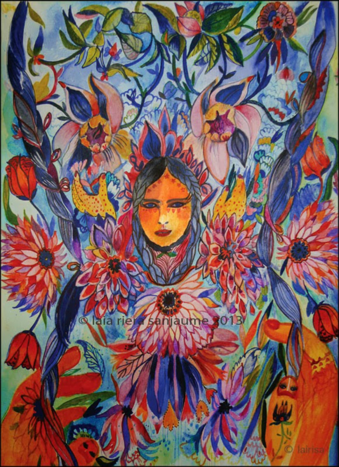 A central female face surrounded by large flowers, braids, and blue, red and ochre plants.