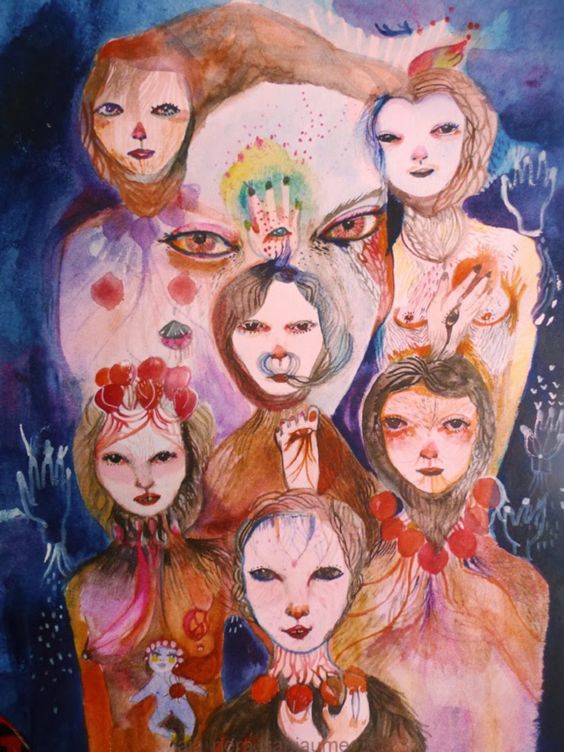 Several female figures and faces with hands and ornaments against a dark blue background.