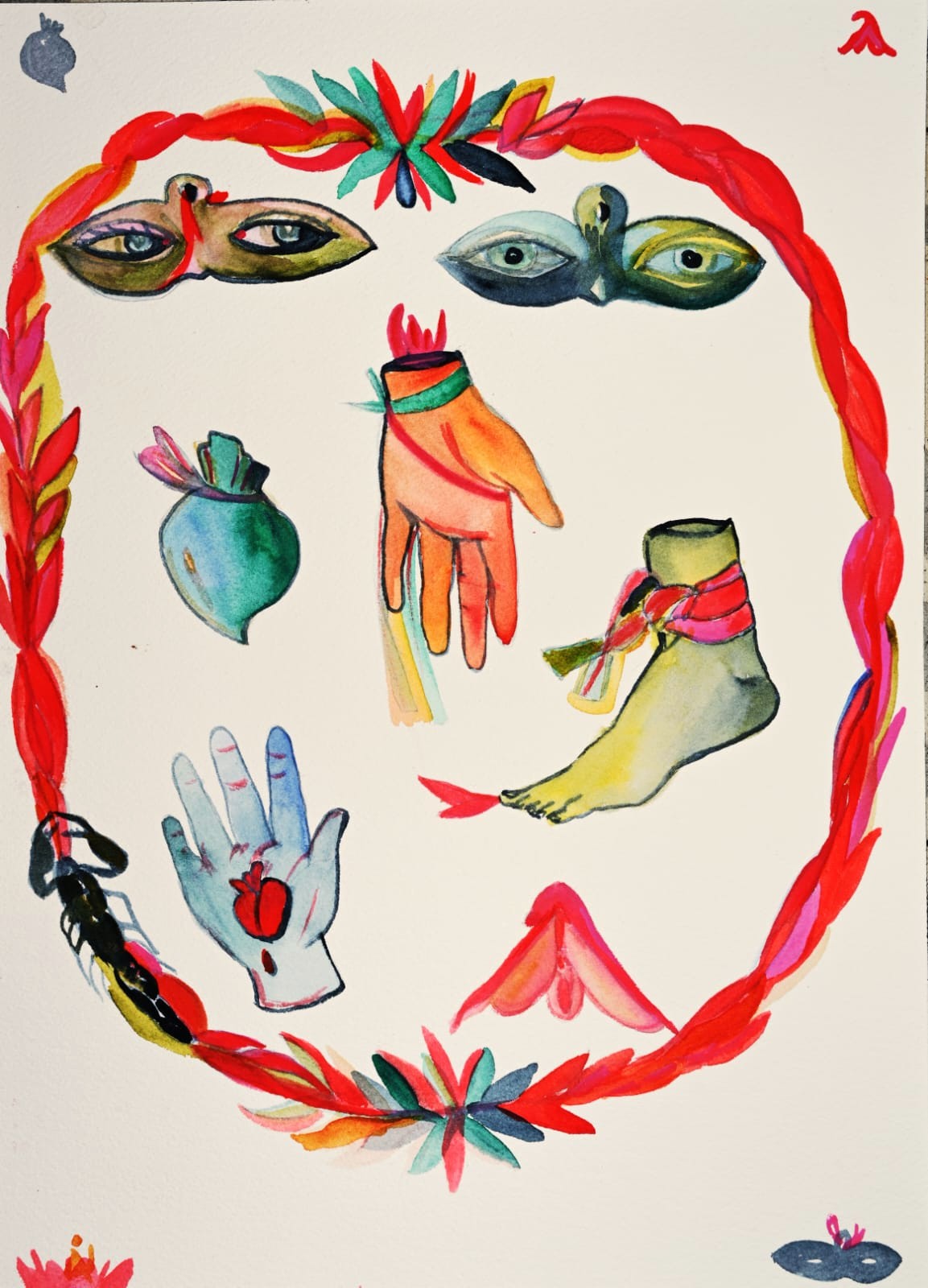A red braid surrounding hands, a foot, eyes and colourful organic forms.