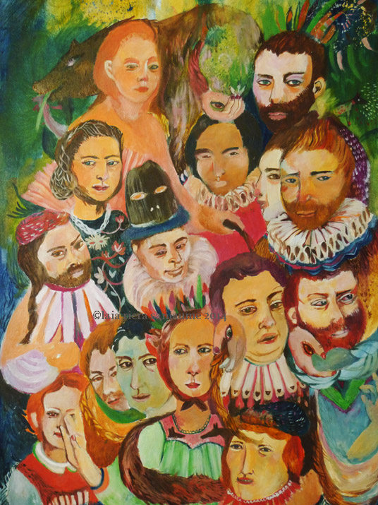 A composition of faces and figures against a green background.
