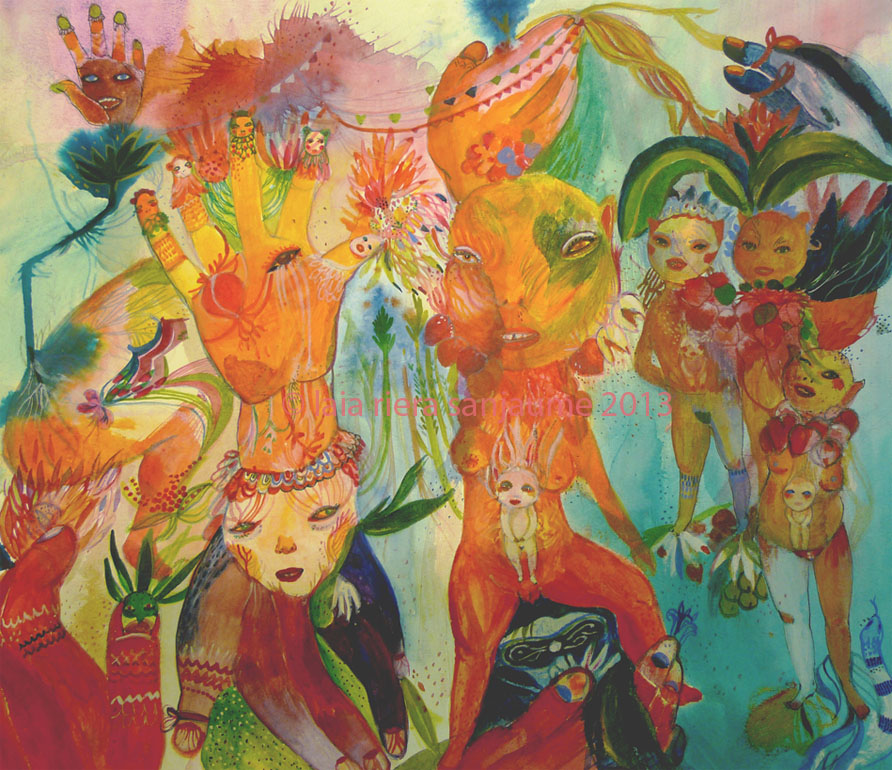 Figures, hands, faces and animals in a colourful landscape.