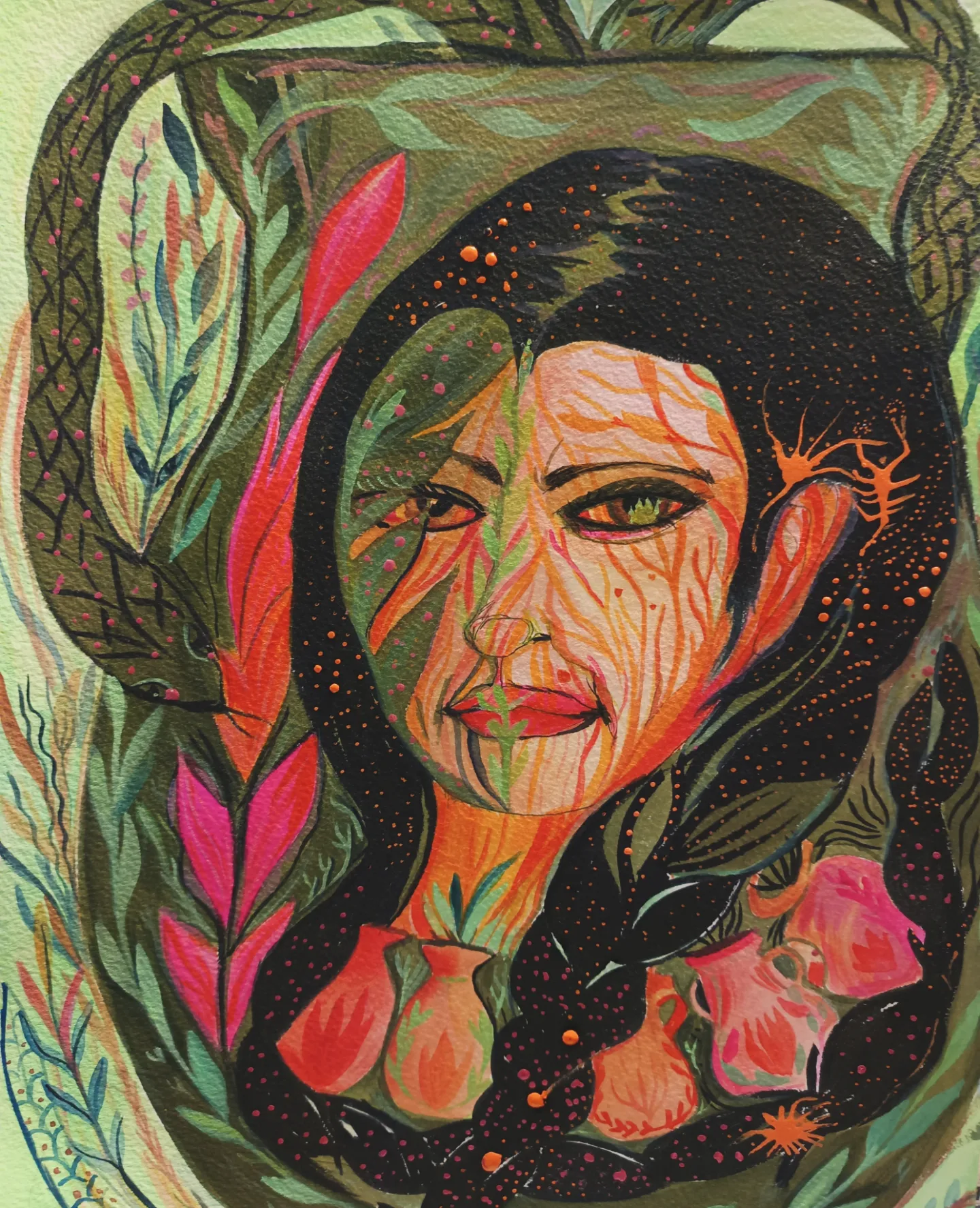 A face surrounded by dark braids and foliage, with small orange dots.