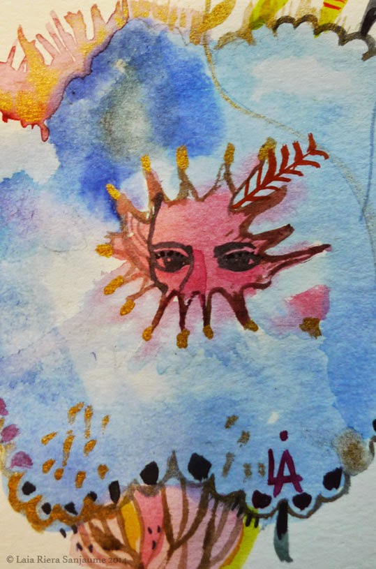 A pink form with eyes and branching shapes against a blue background.