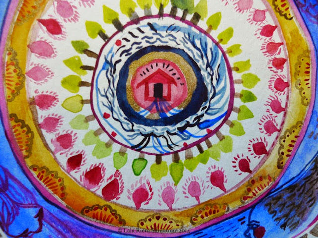 A circular composition of concentric blue, pink and green forms.
