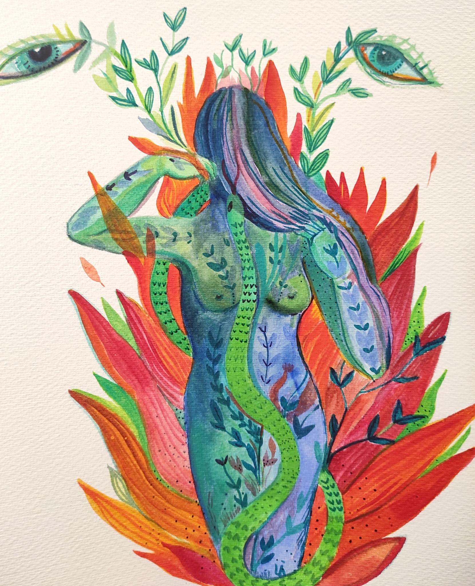 A blue and green figure with a face hidden by hair, among plants and flames.