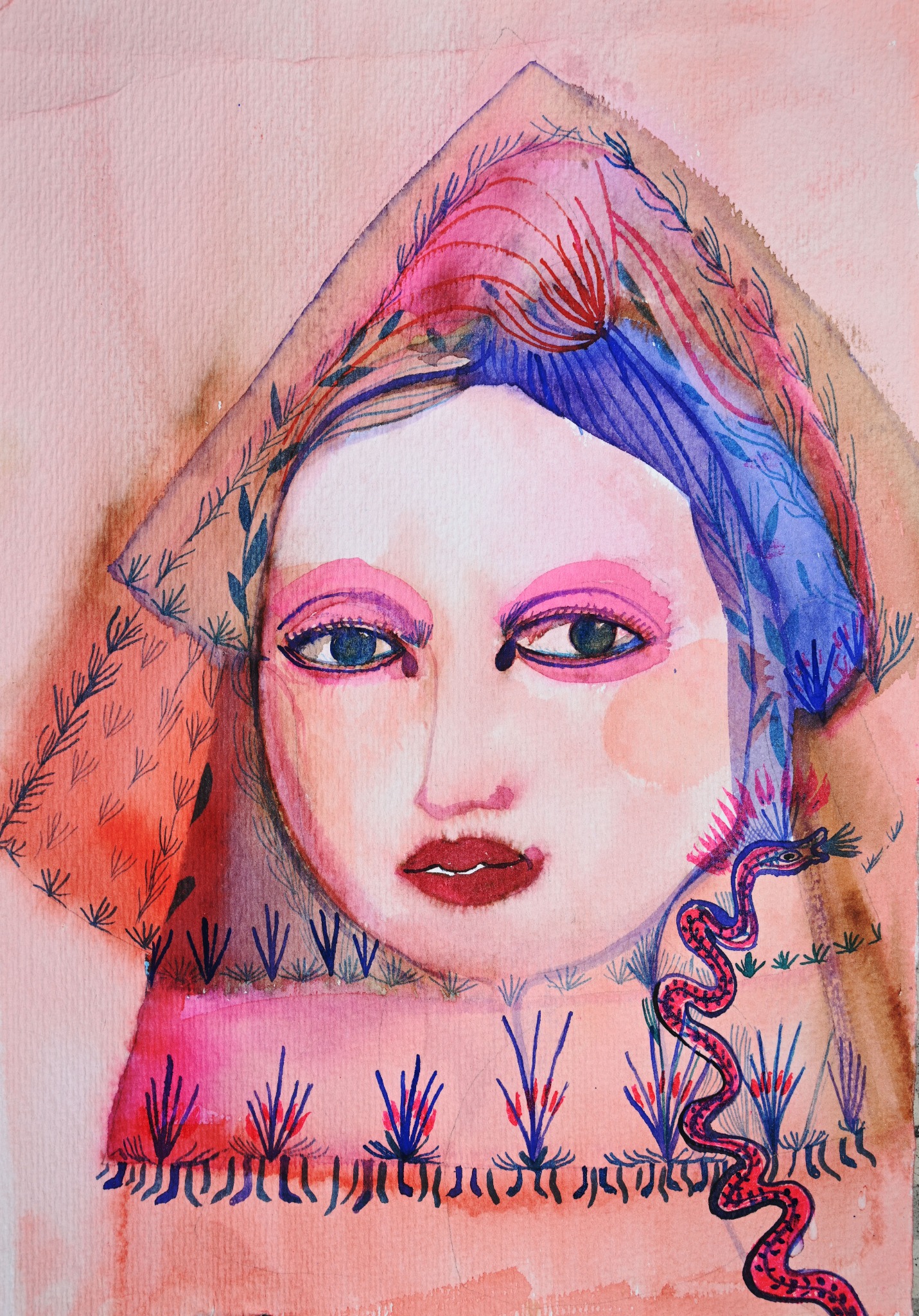 A face framed by blue forms, branches and a snake against a pink background.