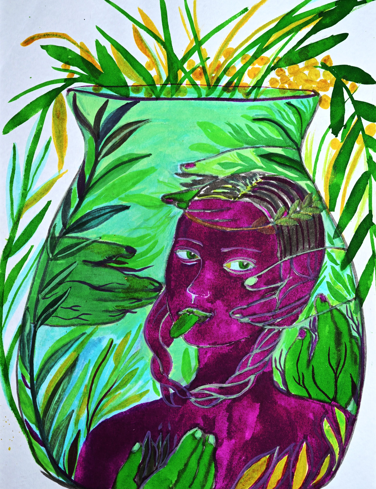 A violet face inside a green vase, surrounded by hands and botanical forms.