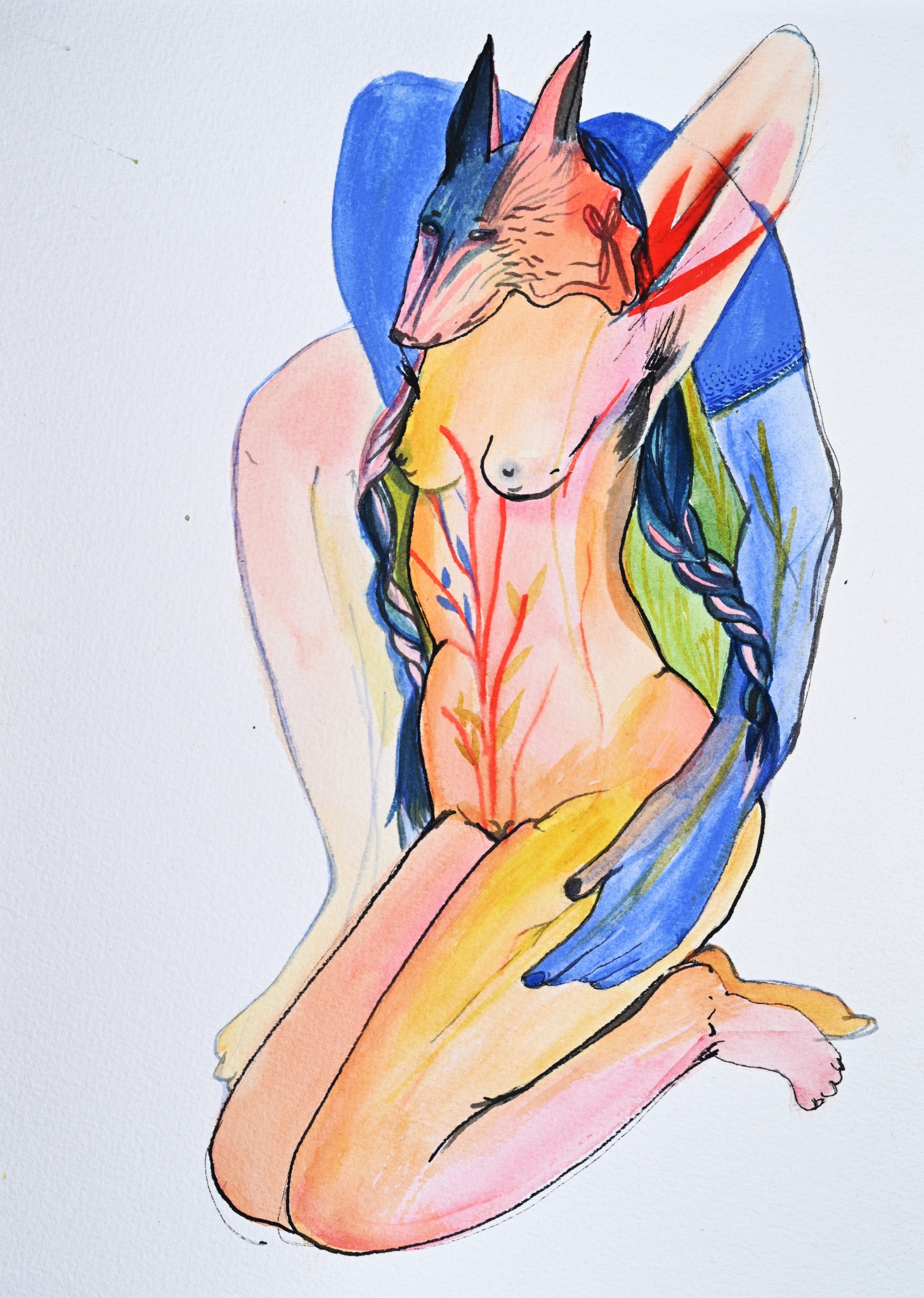 A female figure with a wolf’s head, blue braids and botanical forms across her body.