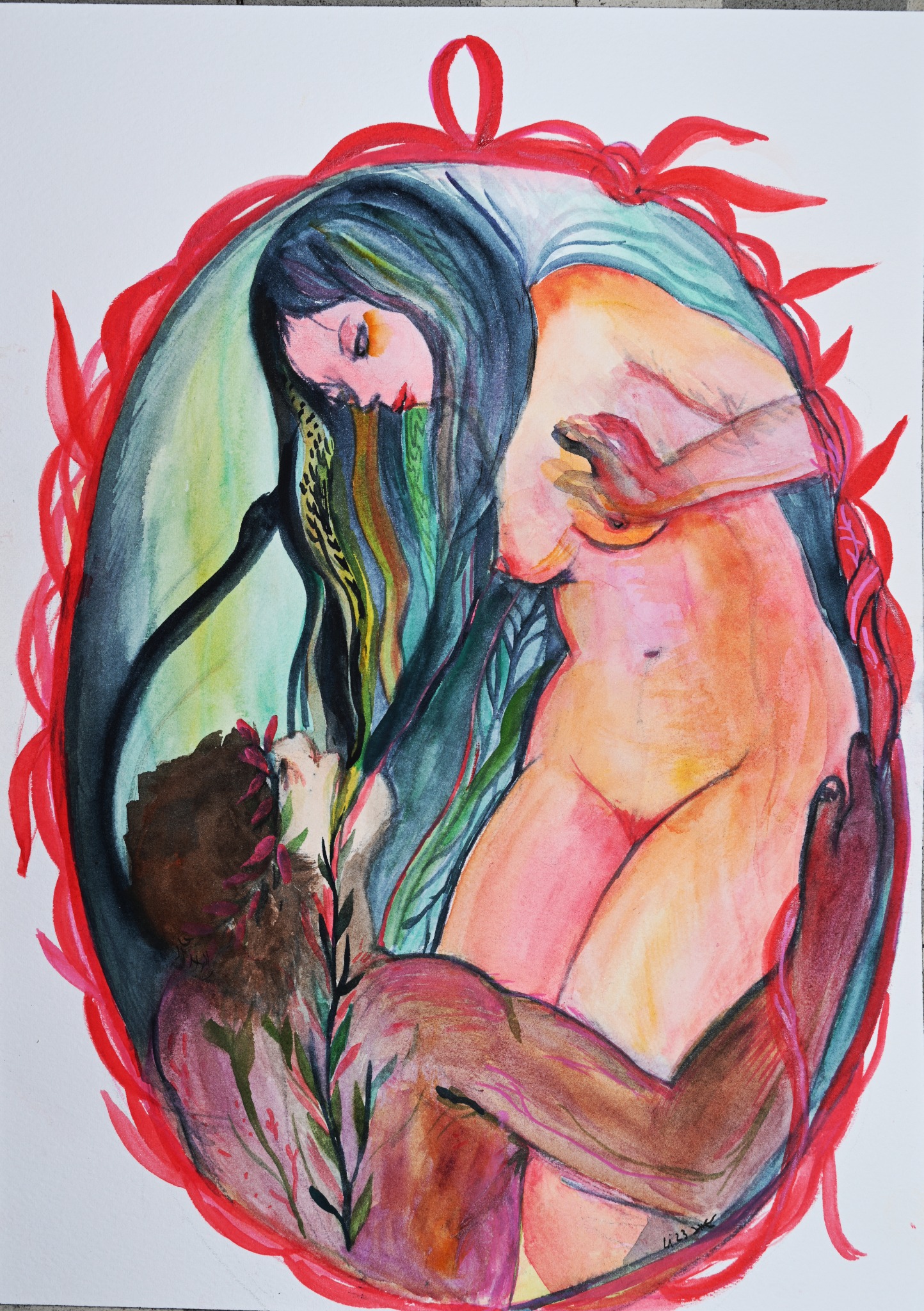 Two figures and several hands surrounding a body within an organic red frame.