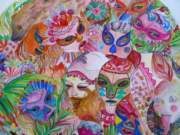 A composition of colourful faces and masks among botanical forms.