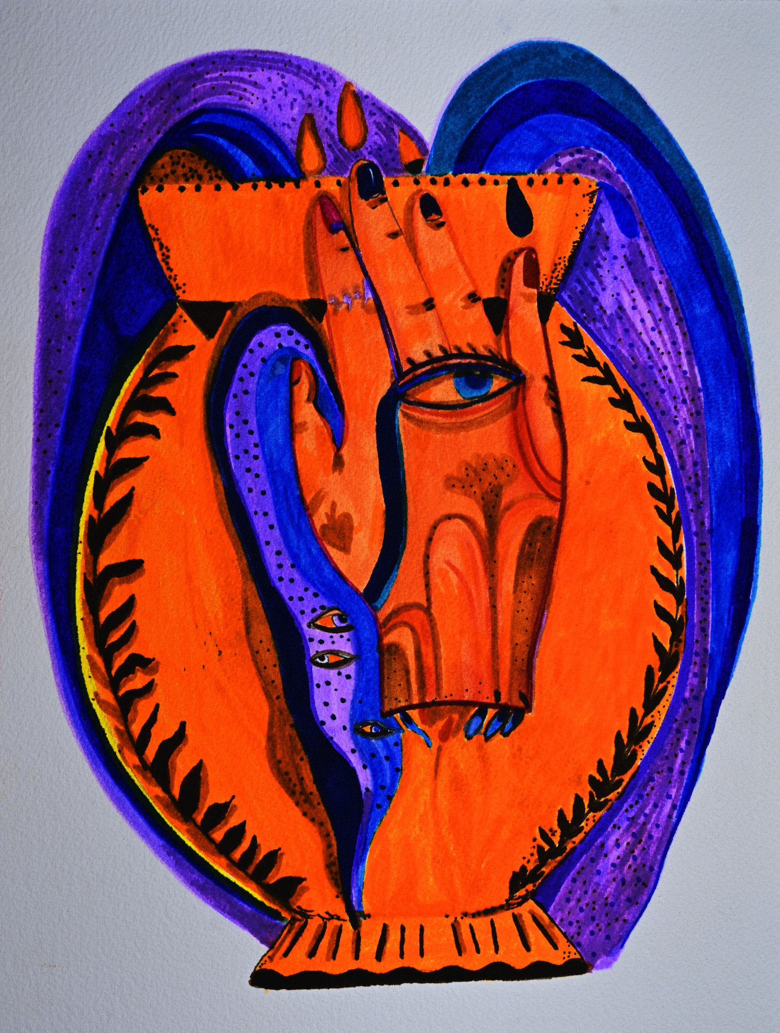 An orange vase with a hand and a central eye, surrounded by blue and violet forms.