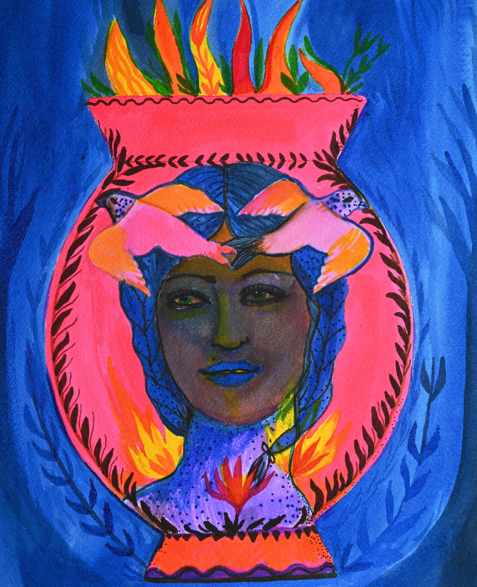 A face and hands inside a pink vase with flames, against a vivid blue background.