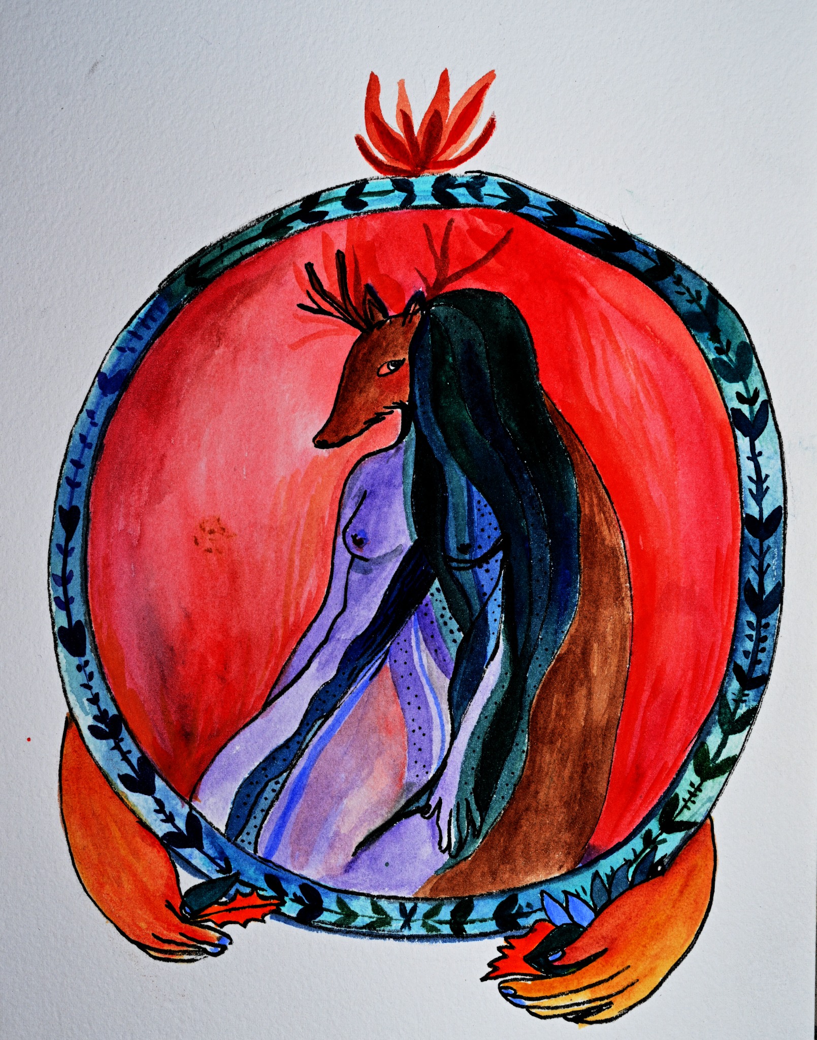 A hybrid figure with an animal head inside a circular red composition held by hands.