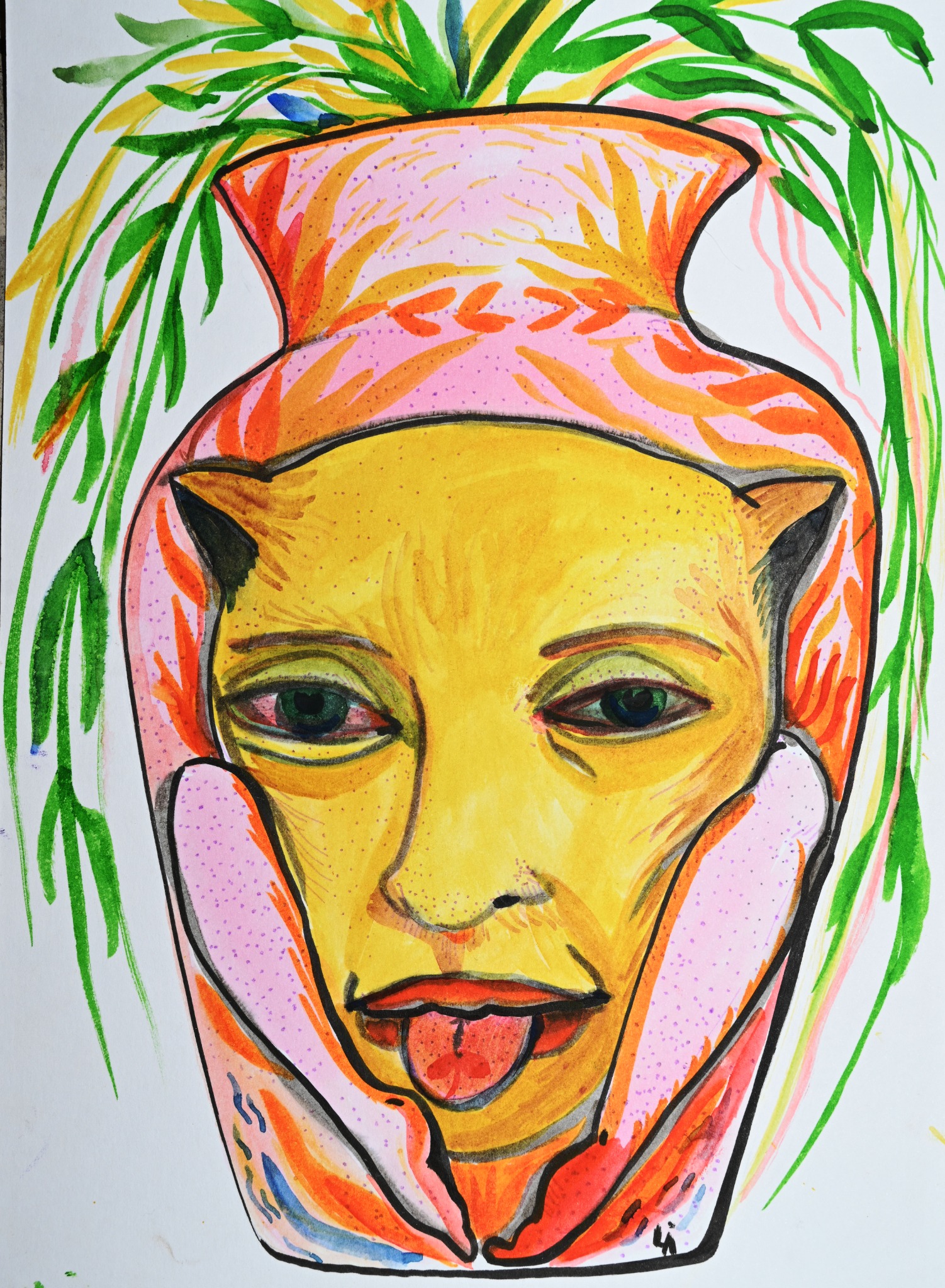 A yellow face with animal ears inside a pink vase, surrounded by green plants.