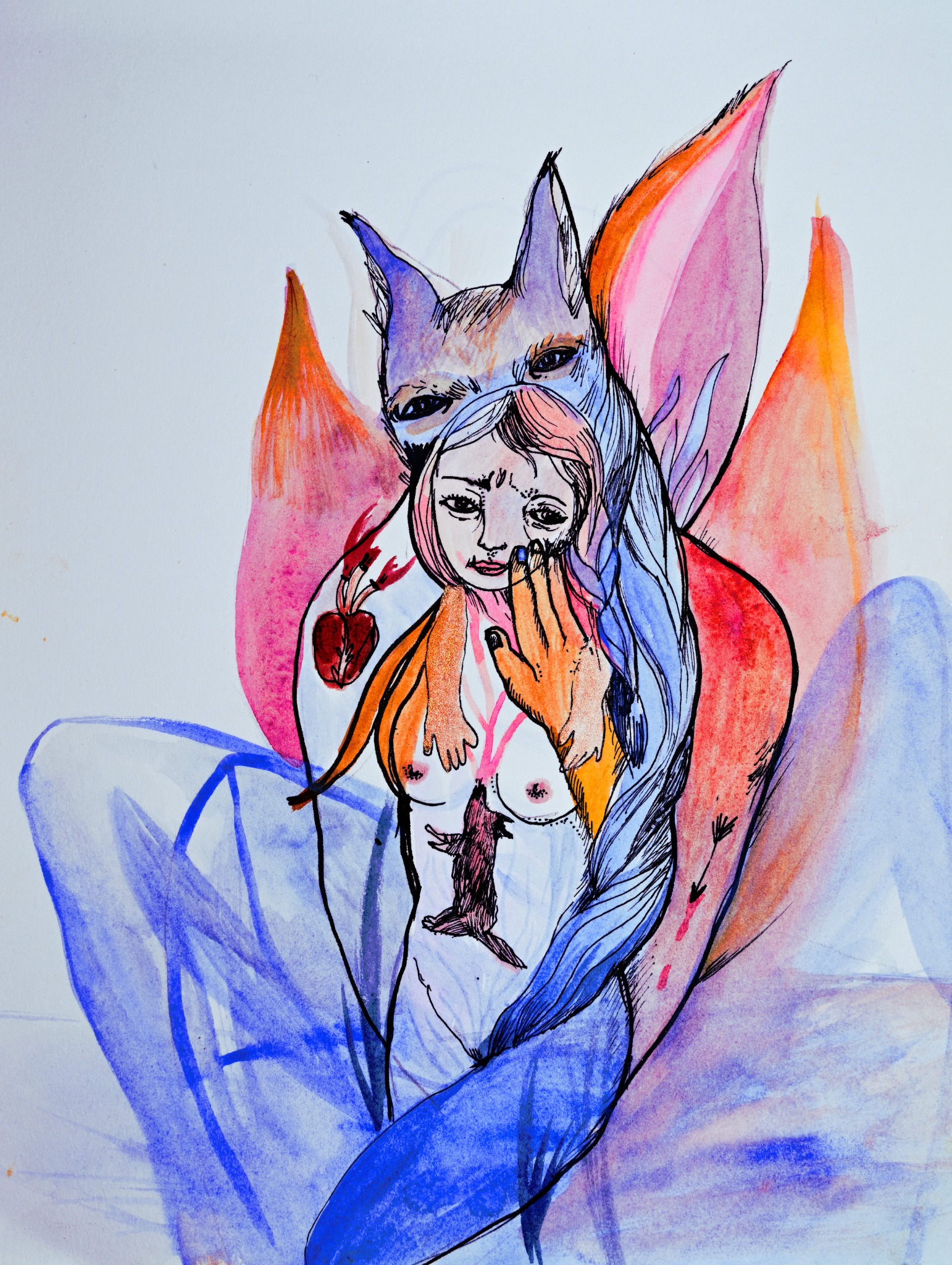 A female figure before an animal-headed form, among hands, wings and flames.