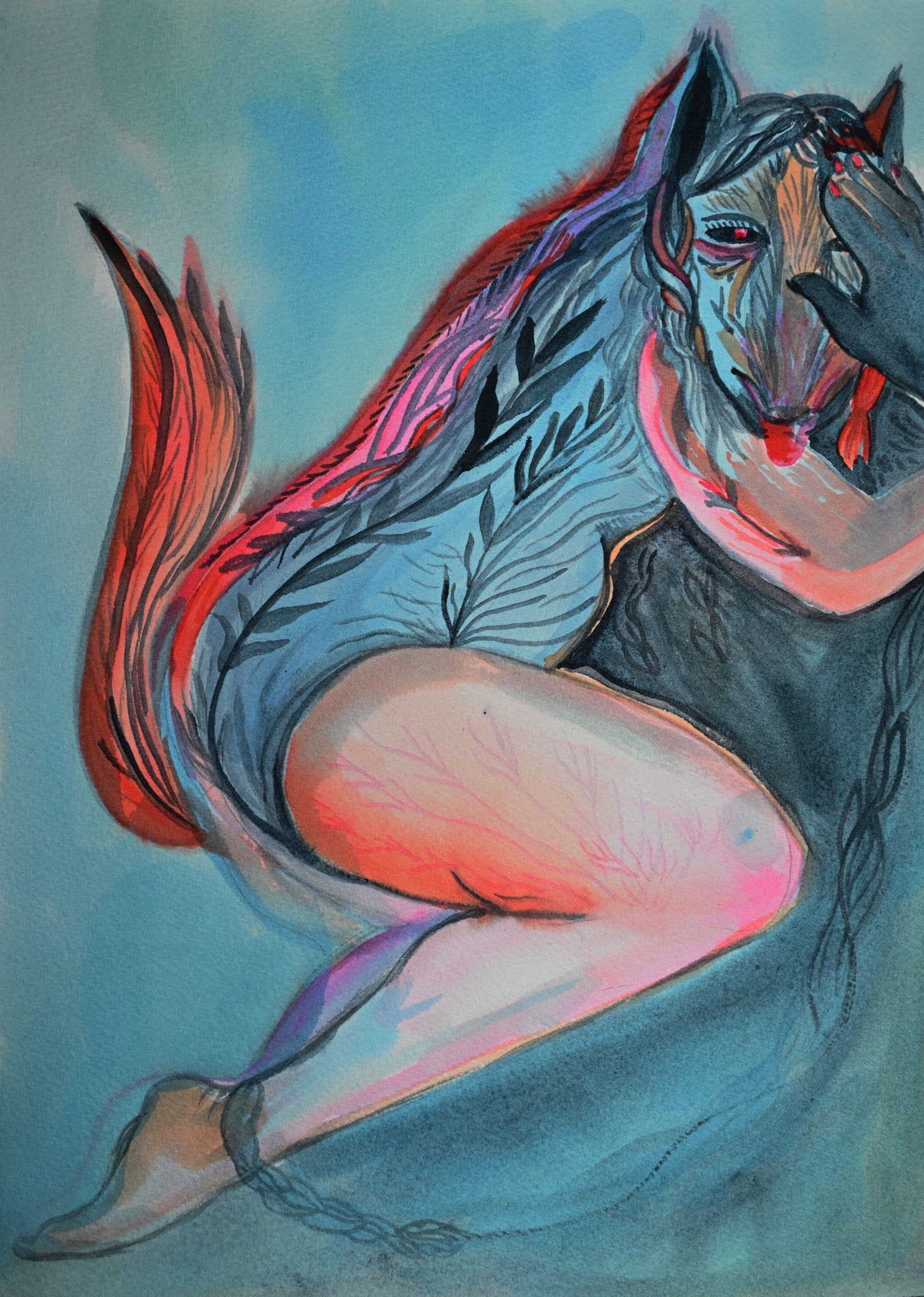 A figure with an animal head and a curled human body against a blue-green background.