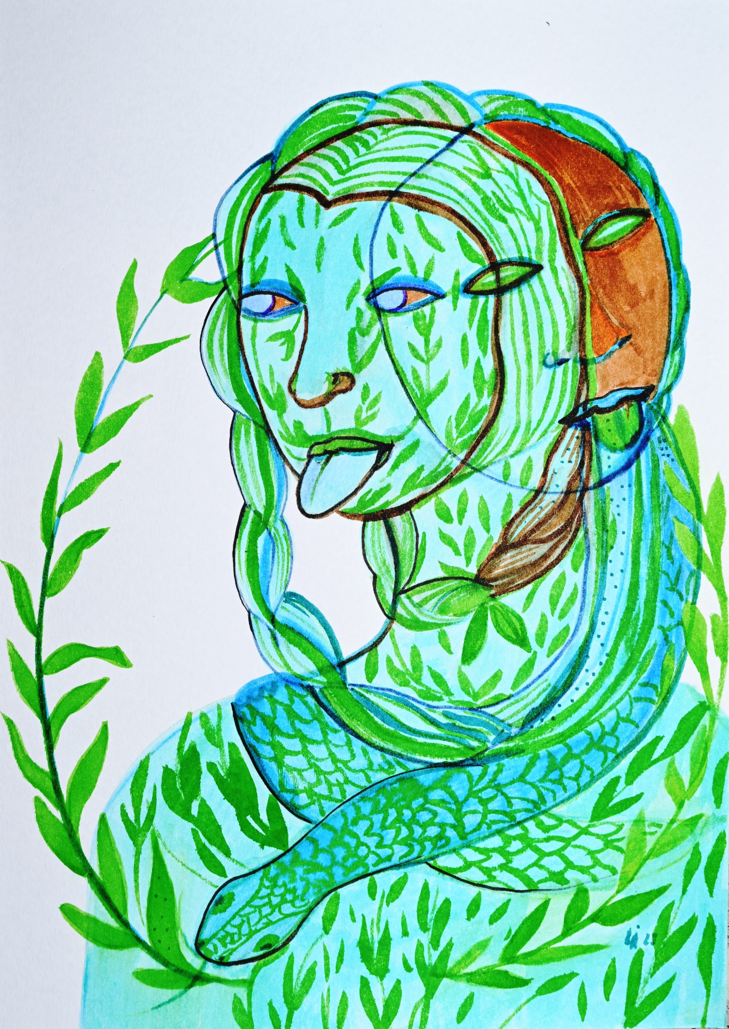 Two overlapping faces, braids and hands in green and pale blue.