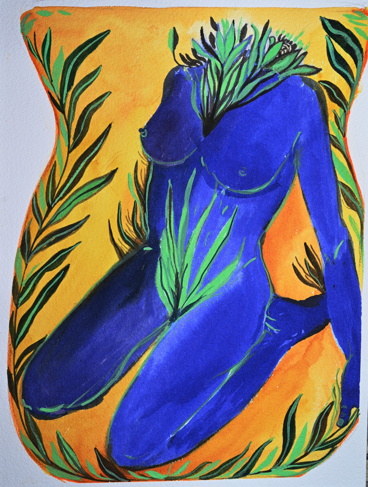 A blue female body inside a yellow vase, with green and black leaves.