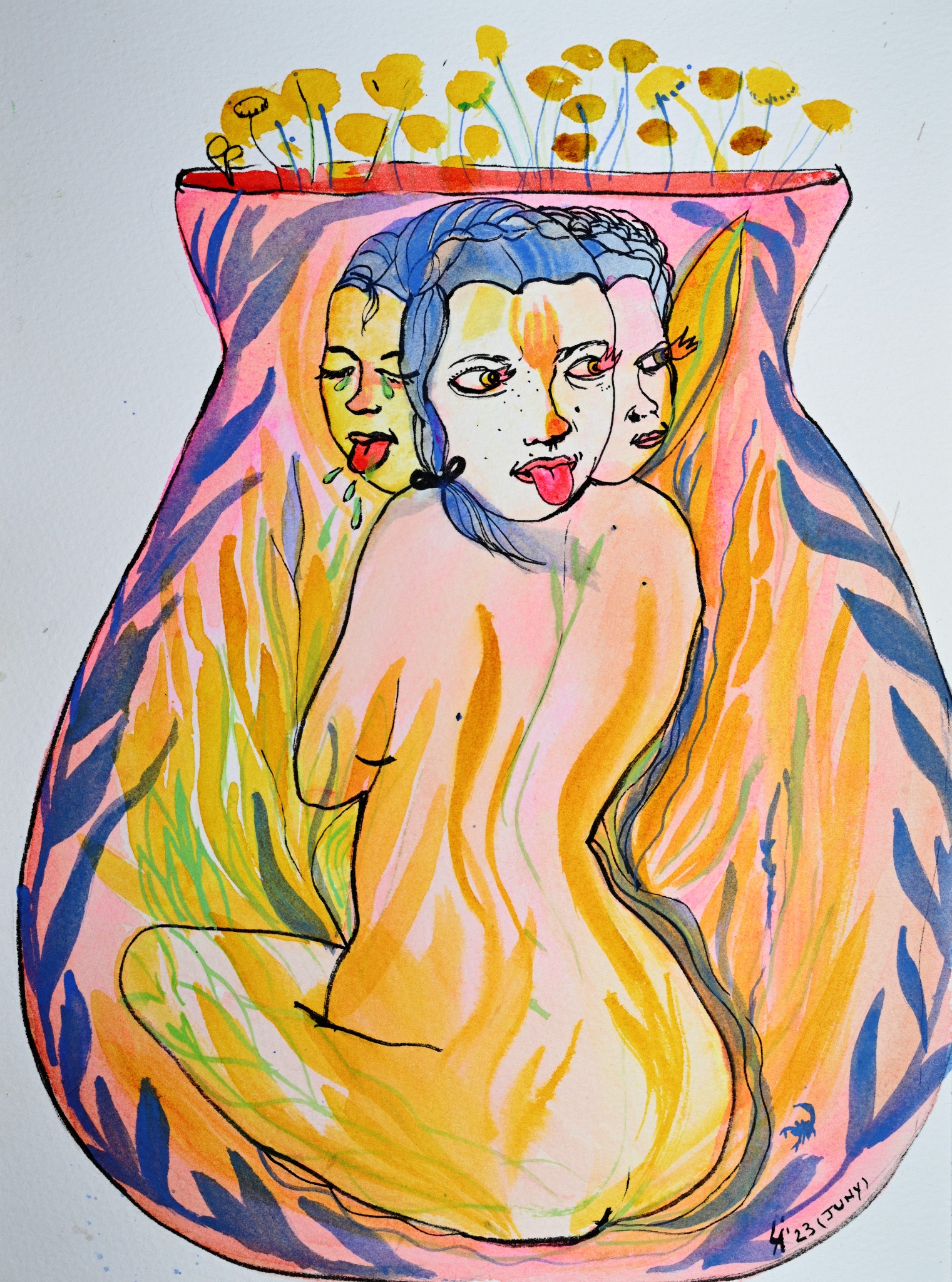 Three faces and a figure inside a pink vase with yellow flowers.