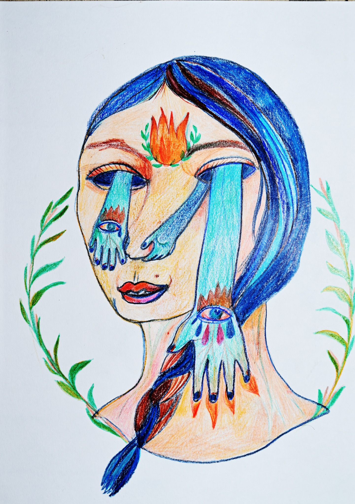 A face with blue hair and arms and hands emerging from the eyes.