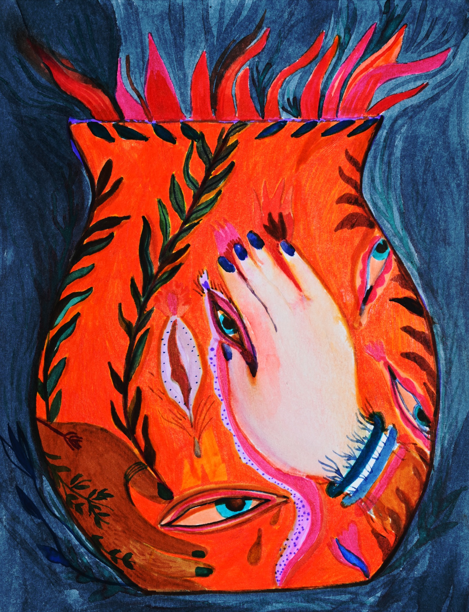 An orange vase with hands and eyes against a dark blue background.