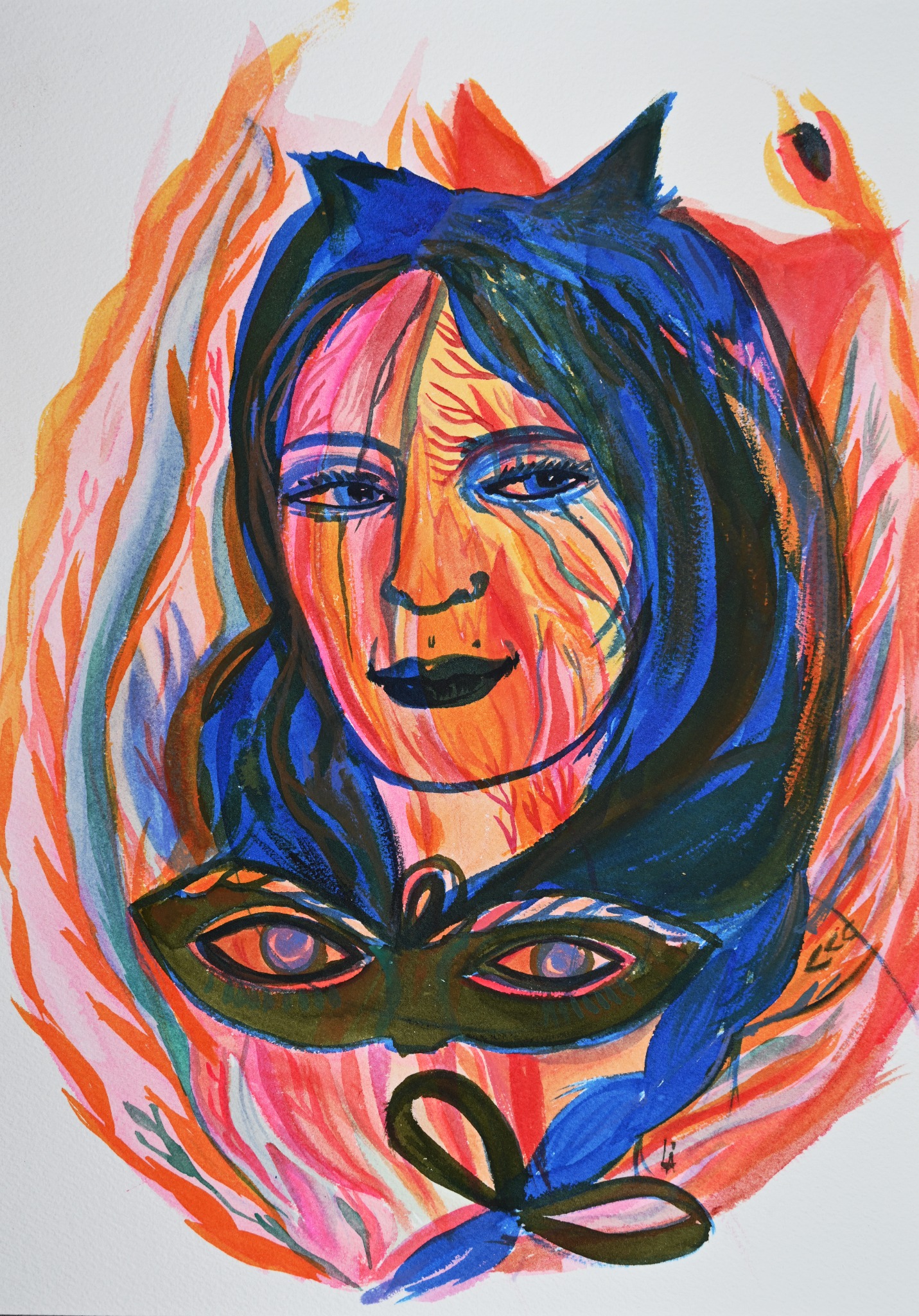 A face with blue hair, masks, and pink and orange botanical forms.