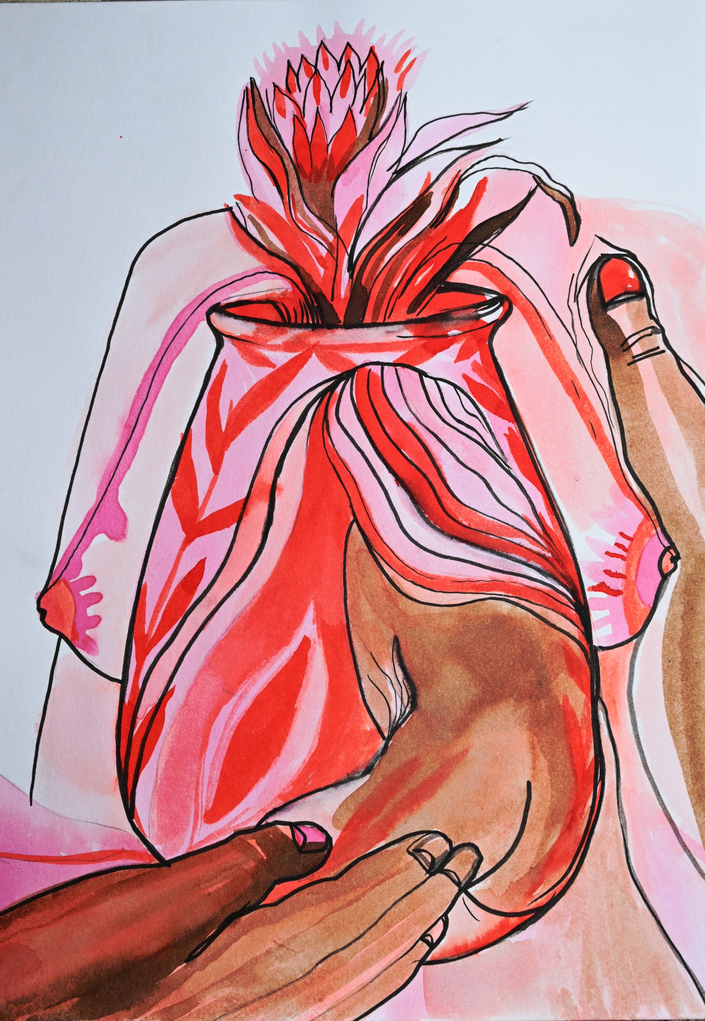A pink vase surrounded by bodies and hands, with a botanical form emerging from it.