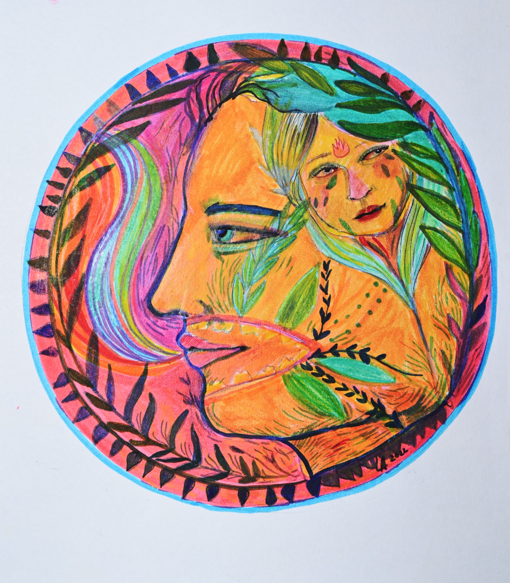 A circular composition of faces, braids, eyes and hands in orange, pink and green.