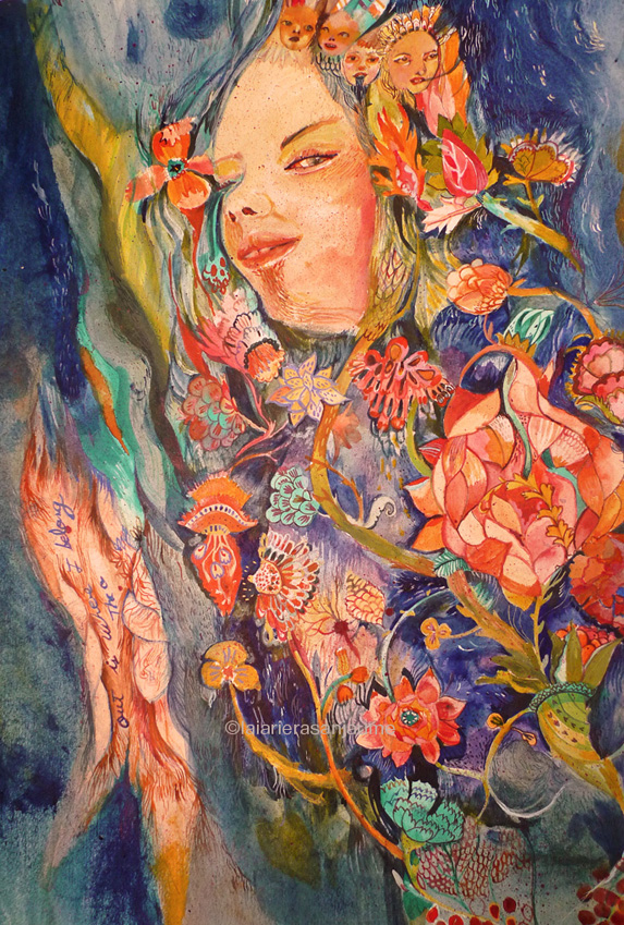 A face and several figures among flowers and foliage against a dark blue background.