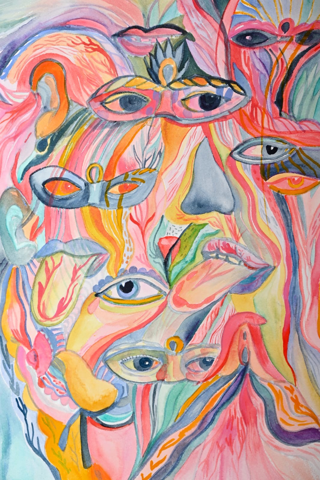 Faces, masks, eyes and body parts intertwined in pink, blue and yellow.