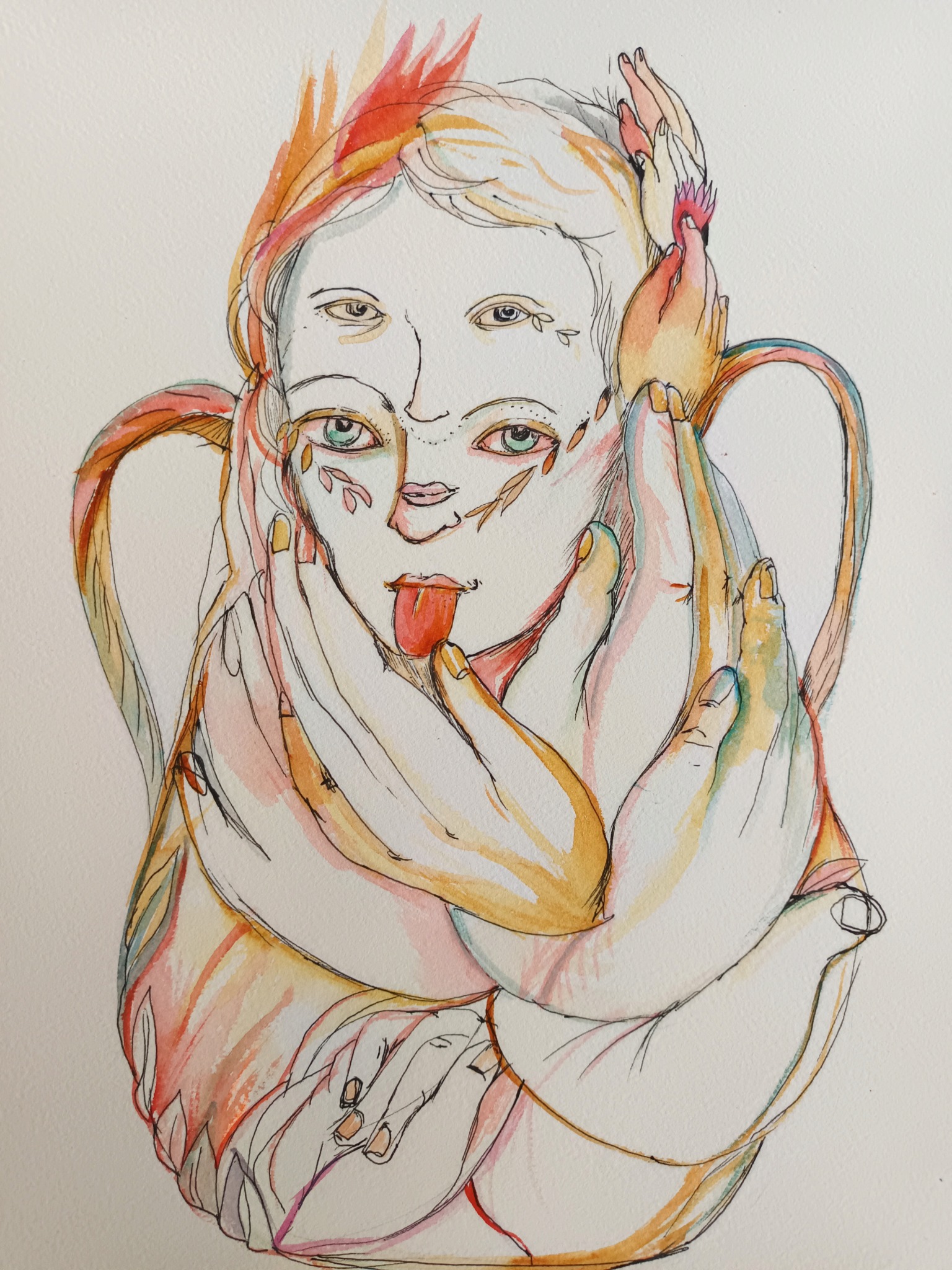 Two faces surrounded by several hands in pale pink and ochre.