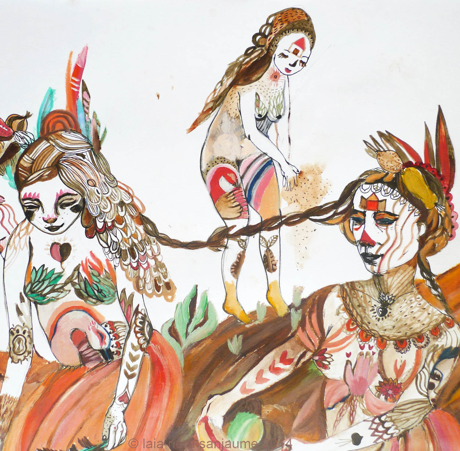 Figures connected by braids, with animals and botanical ornaments against a light background.