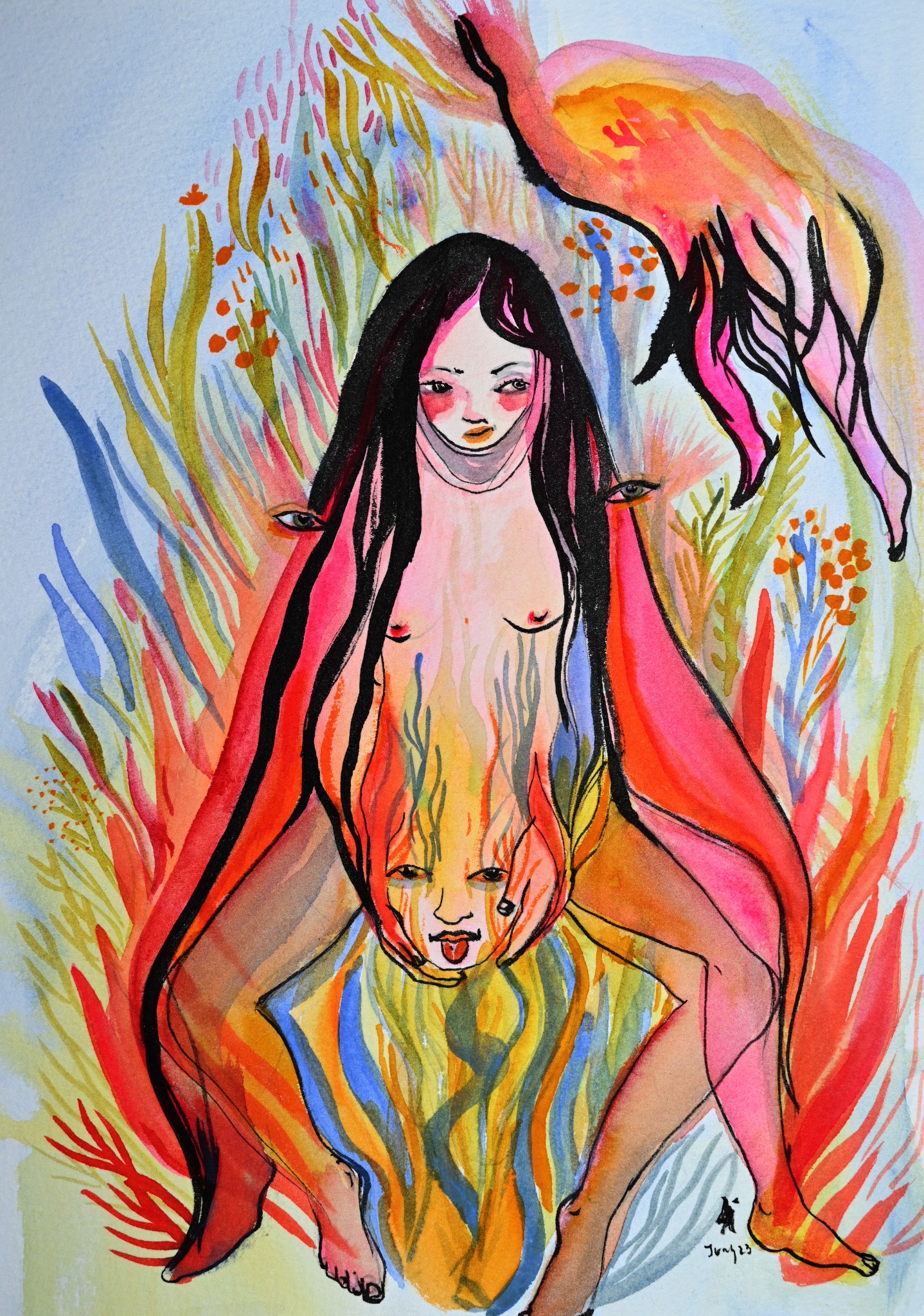 A female figure surrounded by flames and other faces, with a pink bird above.