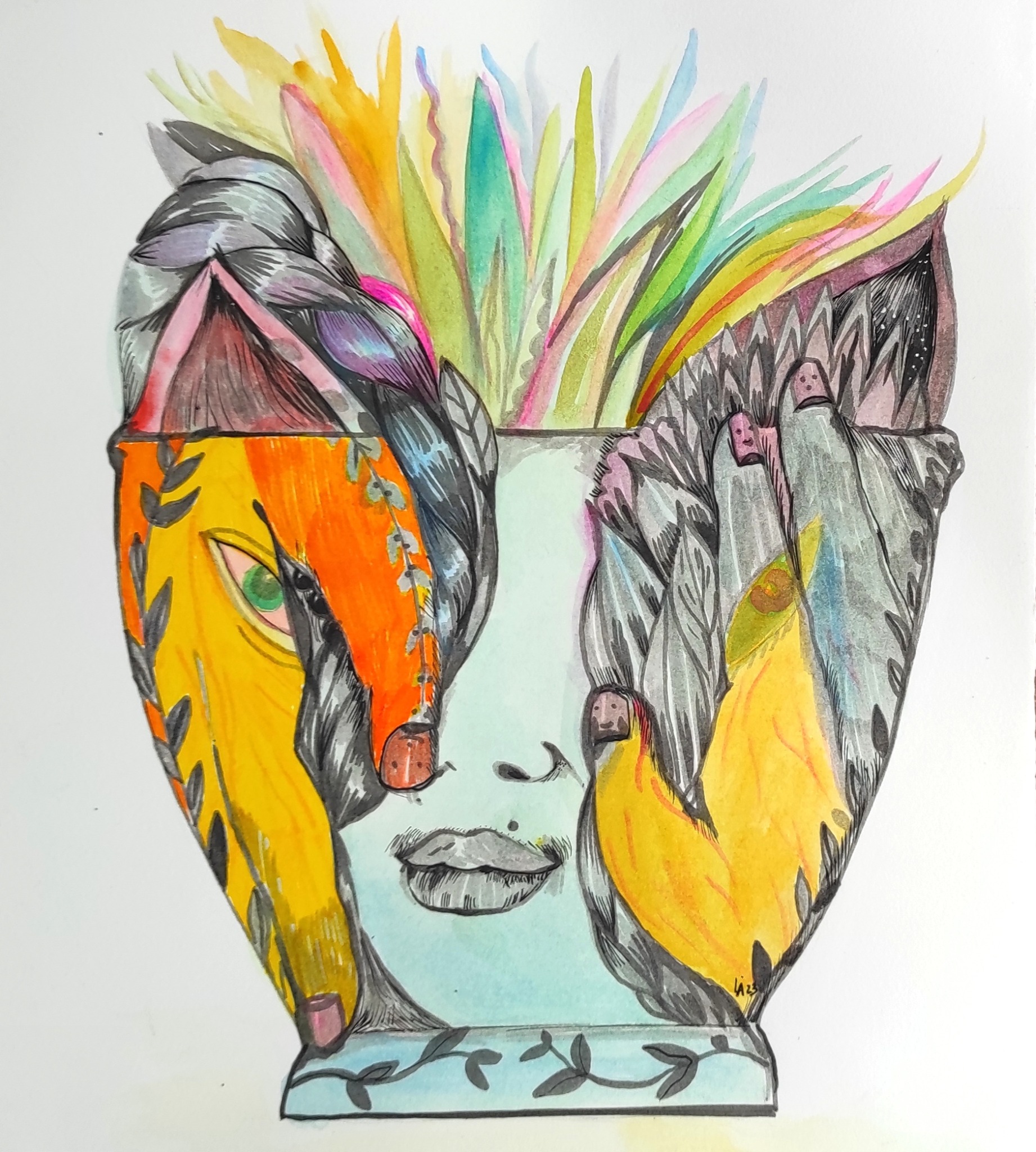 A pale blue face framed by hands, black braids and a crown of multicoloured flames within a vessel.
