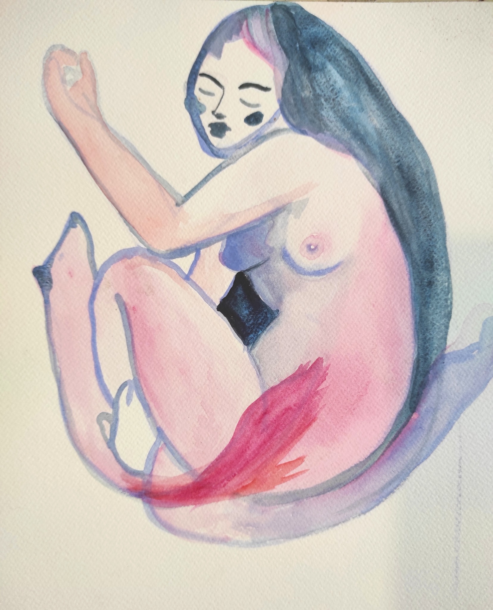 A curled female figure in pink and blue, with closed eyes and long dark hair.