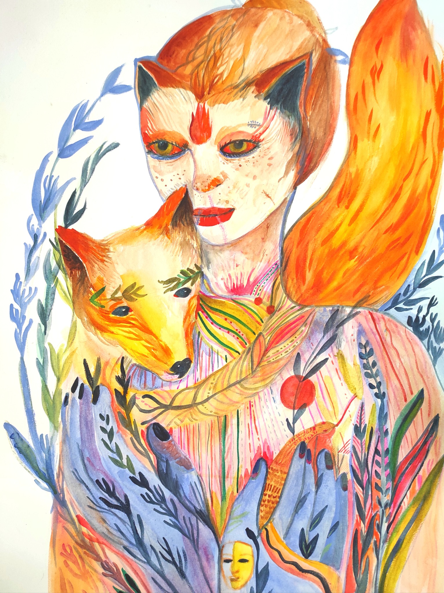 A woman with animal ears and a fox against her shoulder, surrounded by plants and orange flames.