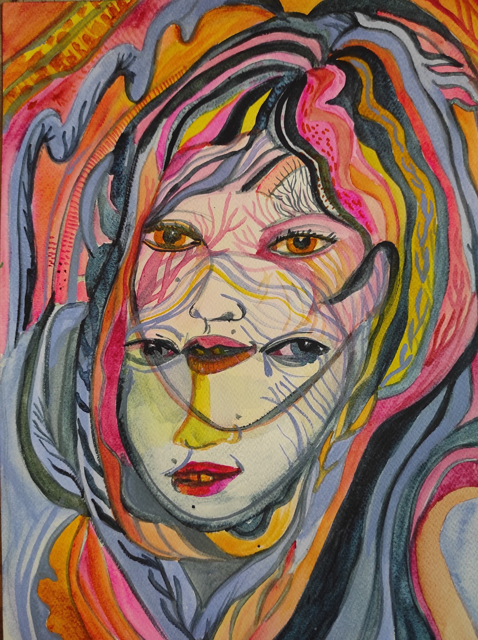 Two overlapping faces encircled by hands and flowing pink, yellow and blue forms.