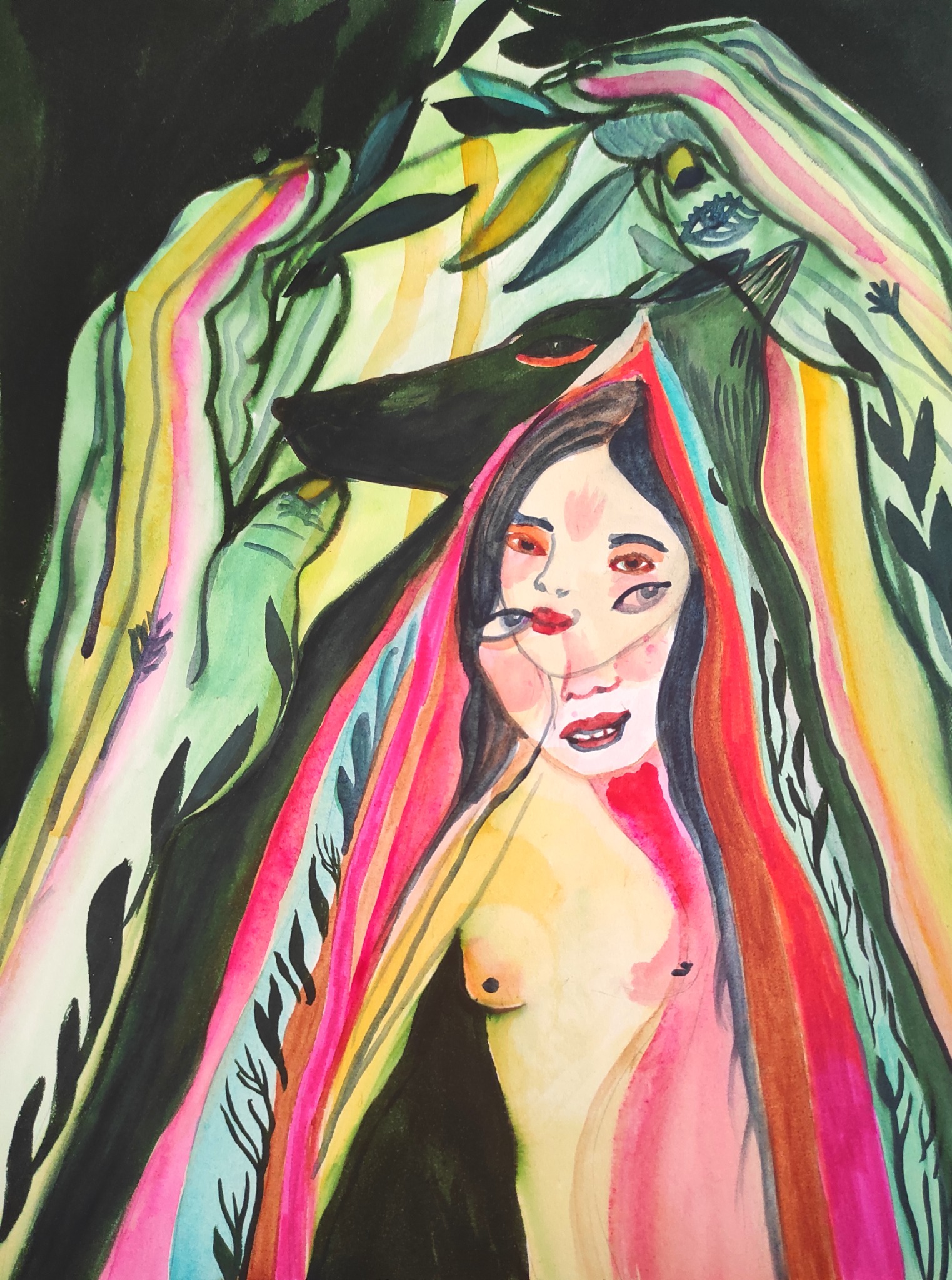 Female faces and a black wolf among raised hands and flowing pink, yellow and green bands.